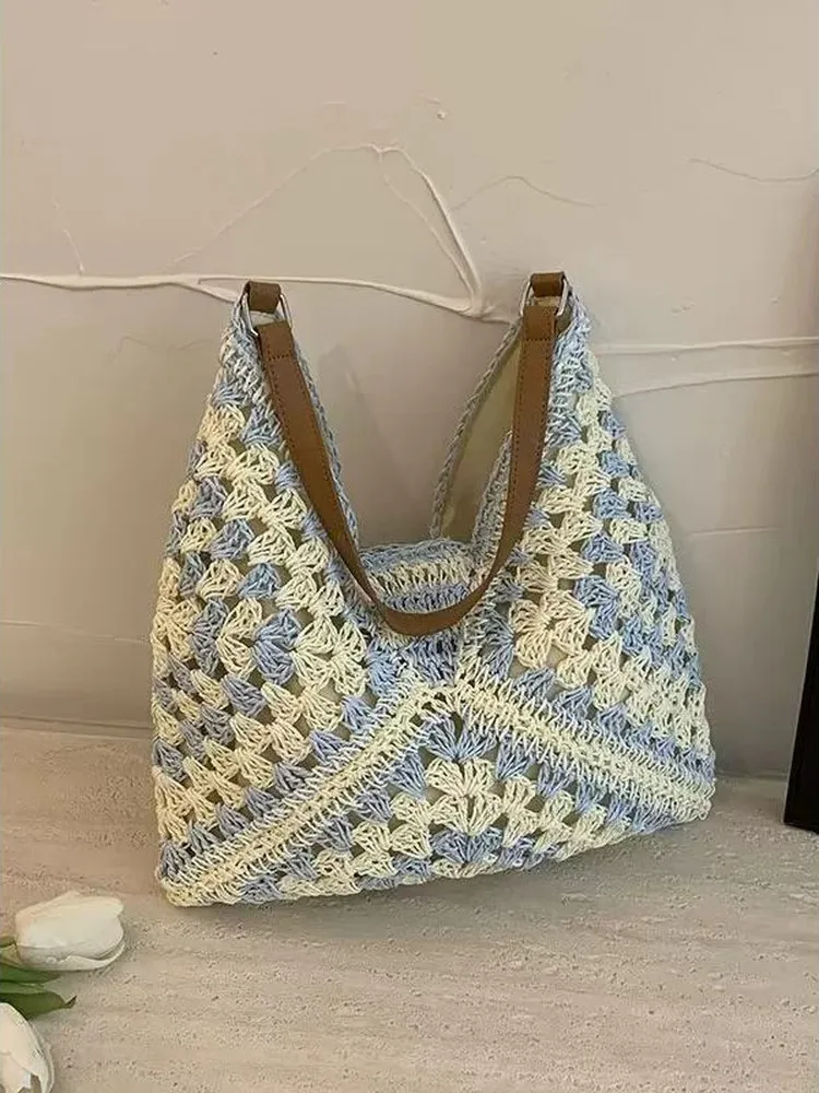 Ladies Large Capacity Straw Weaving Beach Bag 2026 New Style Vacation Theme Tote Bag Soft Cotton Material Single Shoulder PU ...