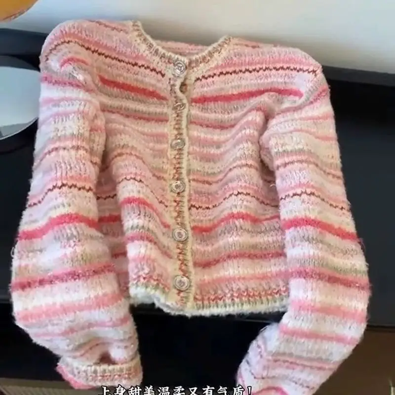 

Women Clothing Spring Autumn Fashion Korean Striped Color Blocking O-neck Cardigan Ladies Knitting Long Sleeve Appear Thin Coat