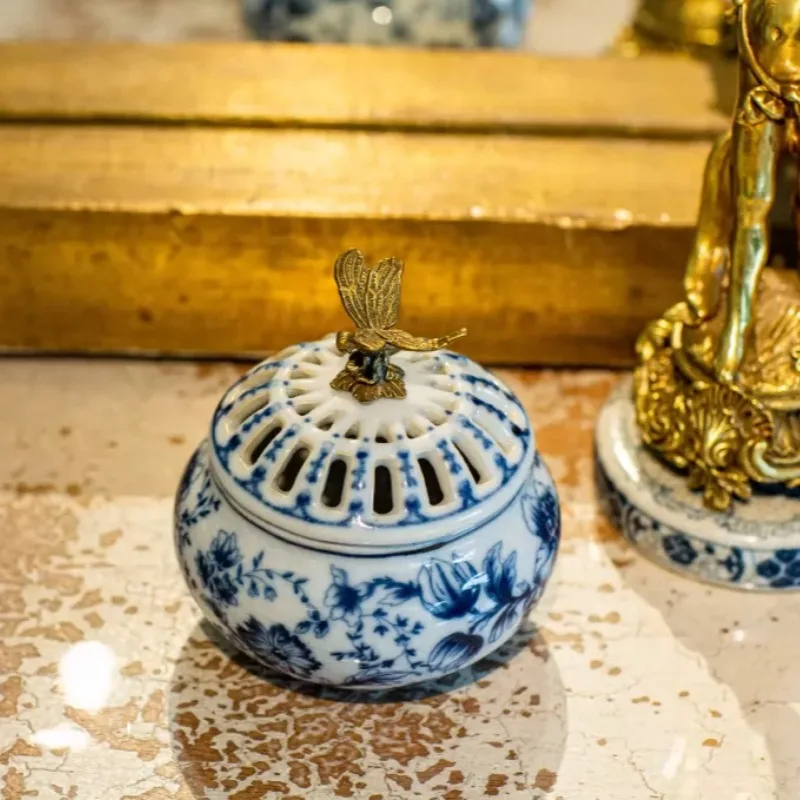 Blue Porcelain Inlaid Copper Dragonfly Censer, New Chinese Tea Room Desk Ornament, Study Hallway Decor, Vintage Home Accent
