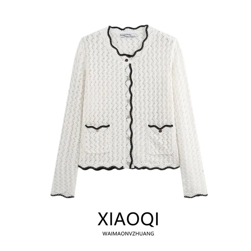 Fall 2026 Women's Knitted Open Cardigan Embroidered Hollow out Color Block Lace Design Commute Style Slim Fit Fashion Trend