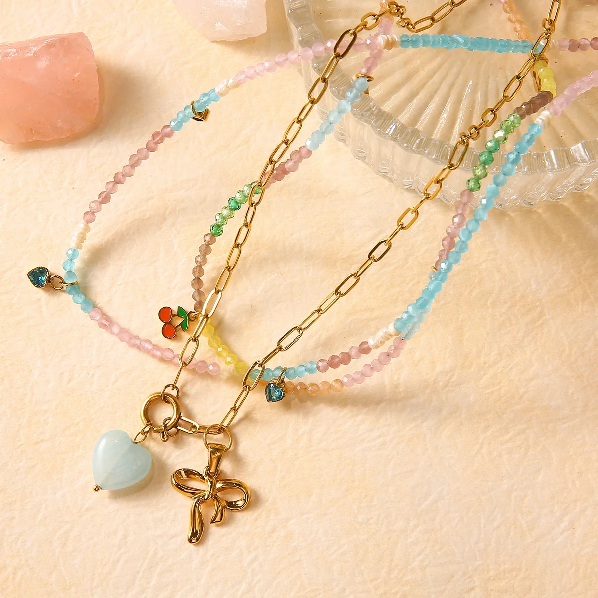 قلادة كرز مخصصة من الفولاذ المقاوم للصدأ مع عقدة فراشة وقلادة قلب من الحجر الطبيعي، إكسسوار مجوهرات عصري للجنسين