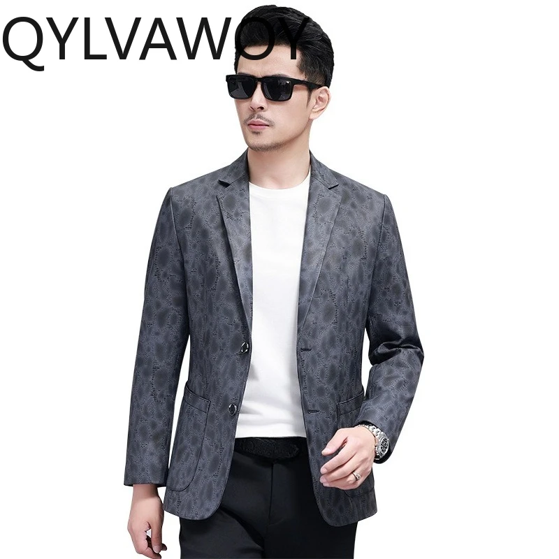 

QYLVAWOY 100% Real Cowhide Genuine Leather Jacket Men Spring Autumn Fashion Printed Leather Coat Casual Suit Man Leather Jackets