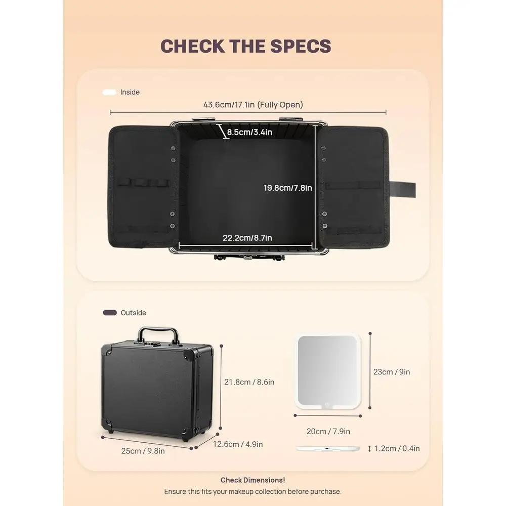 휴대용 메이크업 케이스 (탈부착 가능한 조명 거울 포함), 방수 여행용 트레인 케이스, 화장품 정리함, 조절 가능한 메이크업 가방