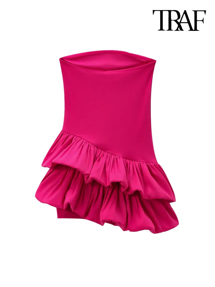 TRAF-Strapless Ruffled Mini Dress for Women, Straight Neck, Asymmetric, Female Dresses, Sexy Fashion