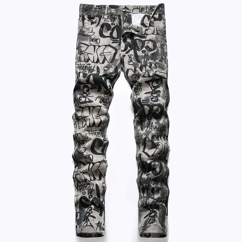 Men Graffiti Print Jeans Fashion Painted Stretch Cotton Denim Pants Slim Straight Trousers