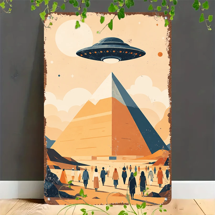 2D flat retro metal tin plate, Alien UFO Over Egyptian Pyramids Tin Sign, Suitable for home, garage, café, bar and garden decoration
