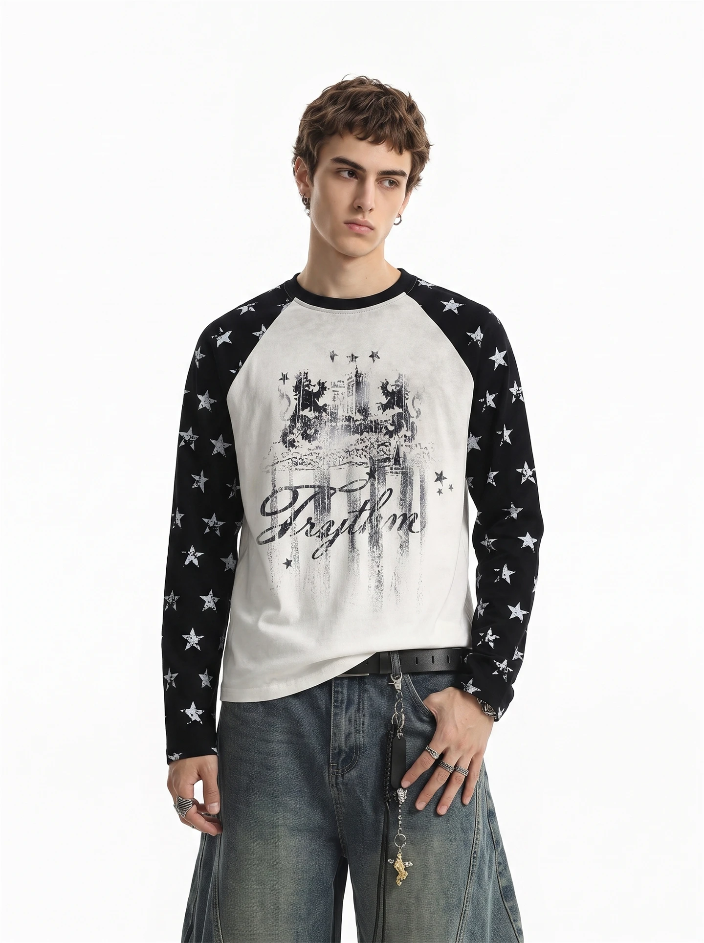 BETEBULE American Trend Design Printed Star Long Sleeve Men's T-shirt Autumn New Style Color Block Worn out Top