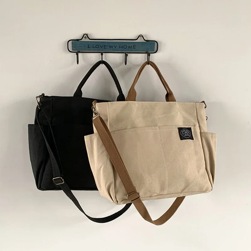 

Women Canvas Shoulder Bag Student Messenger Bag Multi Pocket Tote Crossbody Cotton Cloth Large Capacity Shopping Bag Handbag