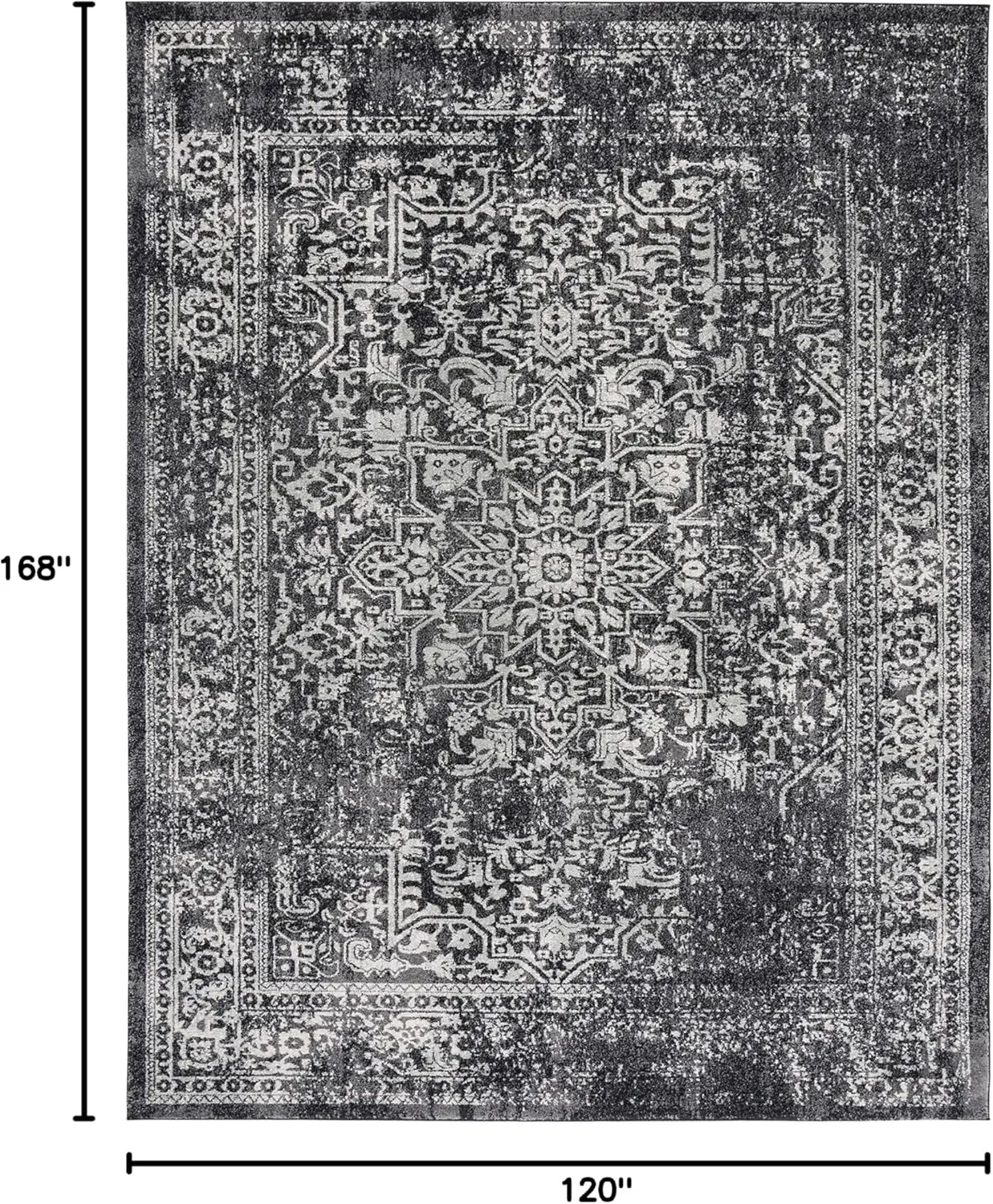 Area Rug - 10' x 14', Black & Grey, Oriental Distressed Design, Non-Shedding & Easy Care