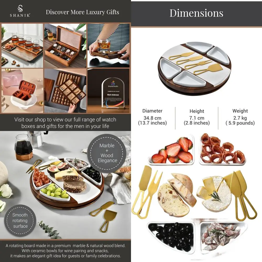 

Round Acacia Wood Cheese & Charcuterie Board Set with 4 Ceramic Dishes - Perfect Wedding Gift for Bridal Showers