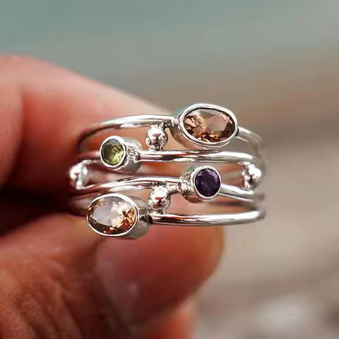 Huitan Bohemia Style Multi-layered Colorful Cubic Zirconia Finger Ring for Women Silver Color Daily Party Gift Statement Jewelry