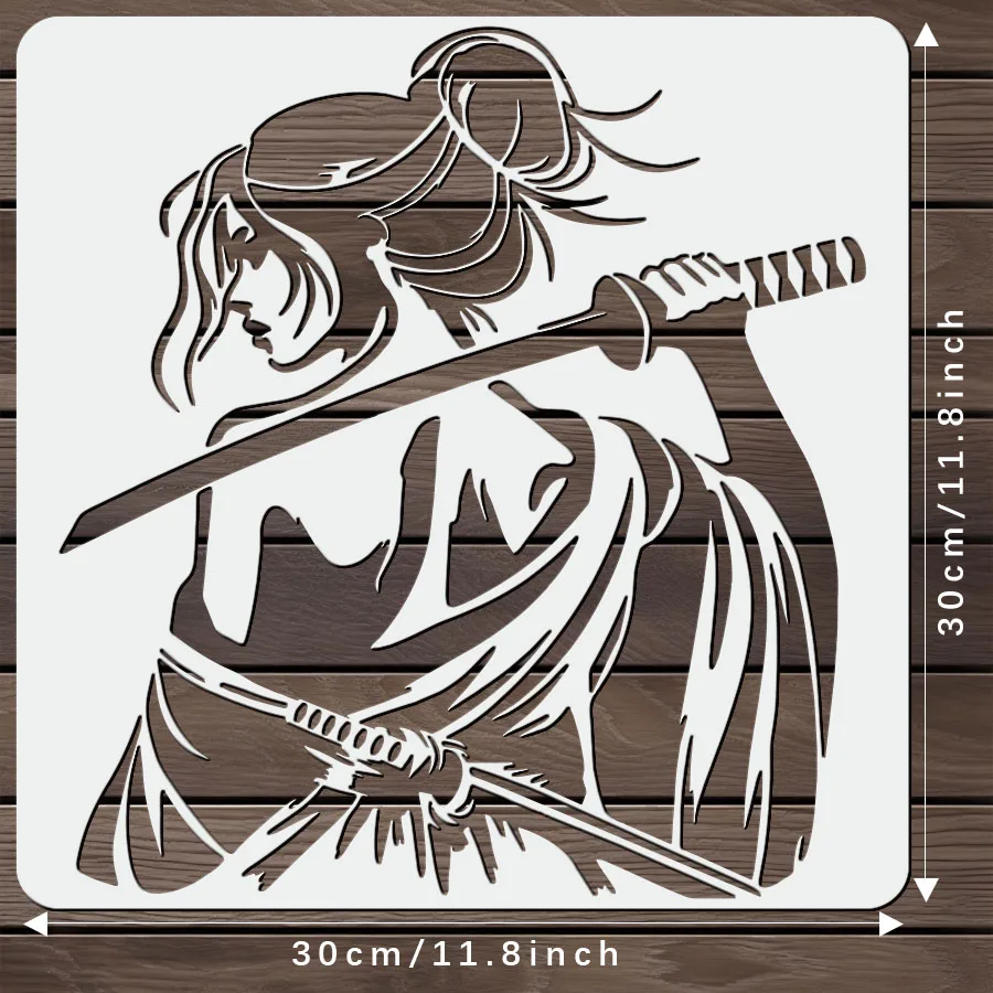 قطعة واحدة من قالب استنسل الساموراي الأنثوي مقاس 11.8 بوصة للرسم على نسيج خشبي على الحائط