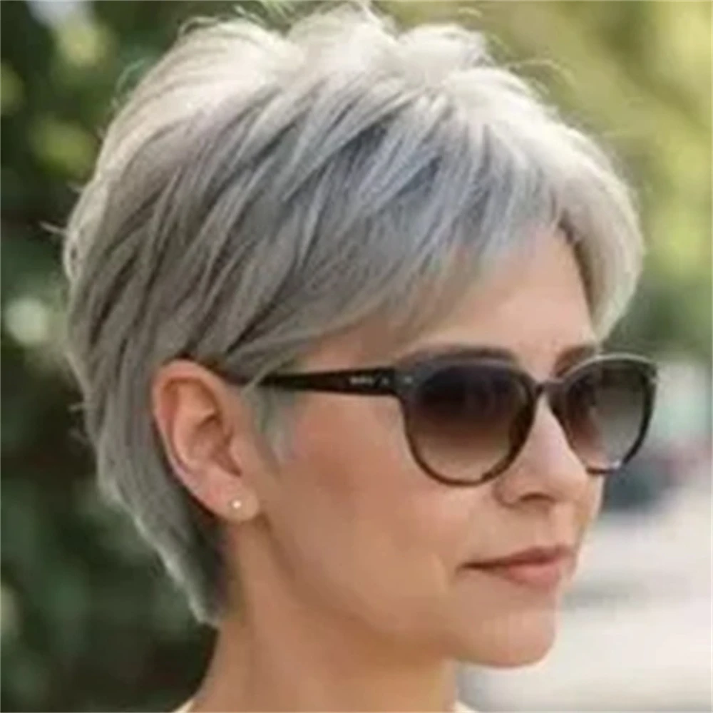 Real person hair wig, full head set short wig, light grey grey grandmother grey wig, suitable for women's daily life