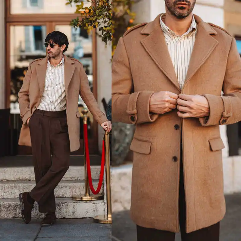 

Casual Men Coat Wool Blends Single Breasted Notched Lapel Long Overcoat Winter Warm Outdoor Customized One Piece