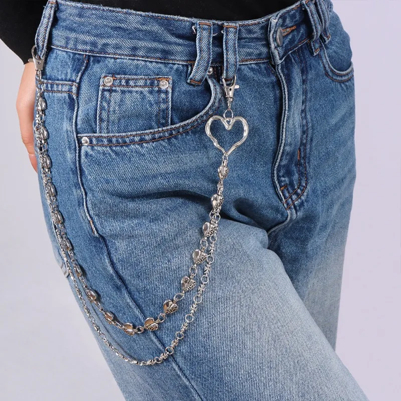 

Двухслойная цепочка для брюк Sweet Cool Love Heart, блестящая серебряная минималистичная многослойная джинсовая цепочка, милые острые ремни Y2K, поясная цепочка