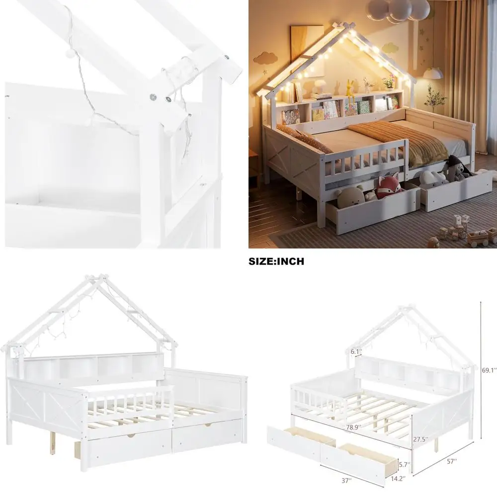 

Full-Size Wooden Bed with Storage Drawers, Daybed with LED Lights, Shelves, Platform Bed with Rails for Kids, White