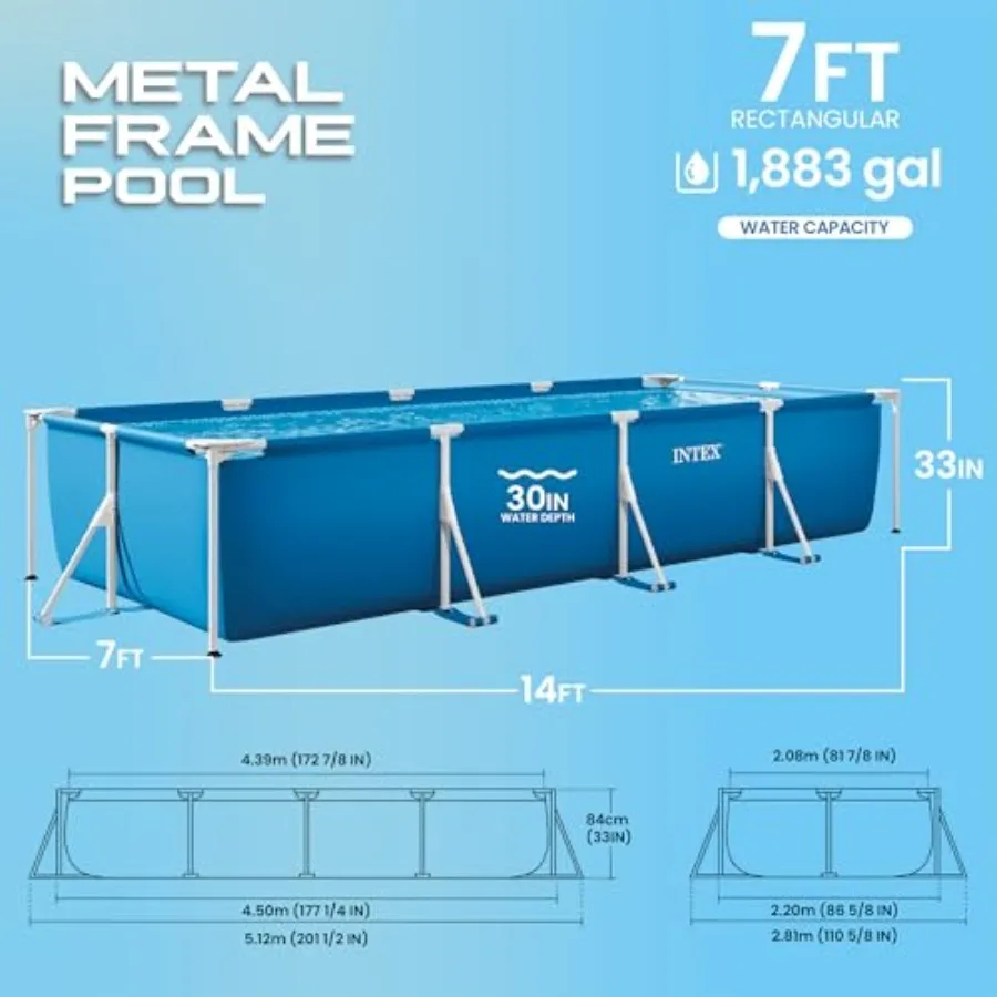 Rectangular Frame 14 ft 9 in x 7 ft 3 in x 33 in Above Ground Pool, Swimming Pool w/ Steel Frame and 530 GPH CartridgeFilterPump