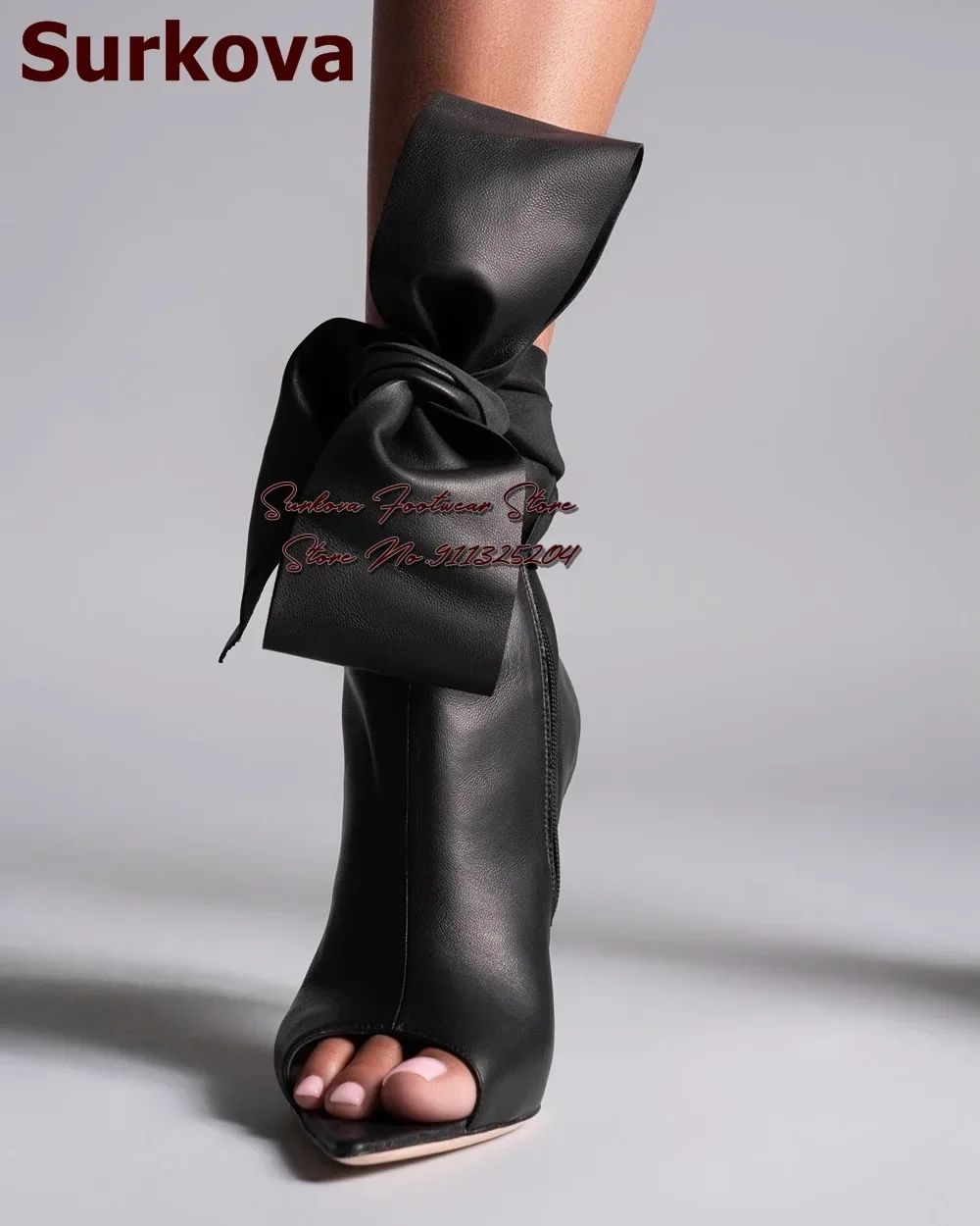 Surkova schwarz grau matt Leder große Schmetterlings knoten Stiefeletten Stöckels chuhe spitzen offenen Zehen Stiefeletten Schnürschuhe