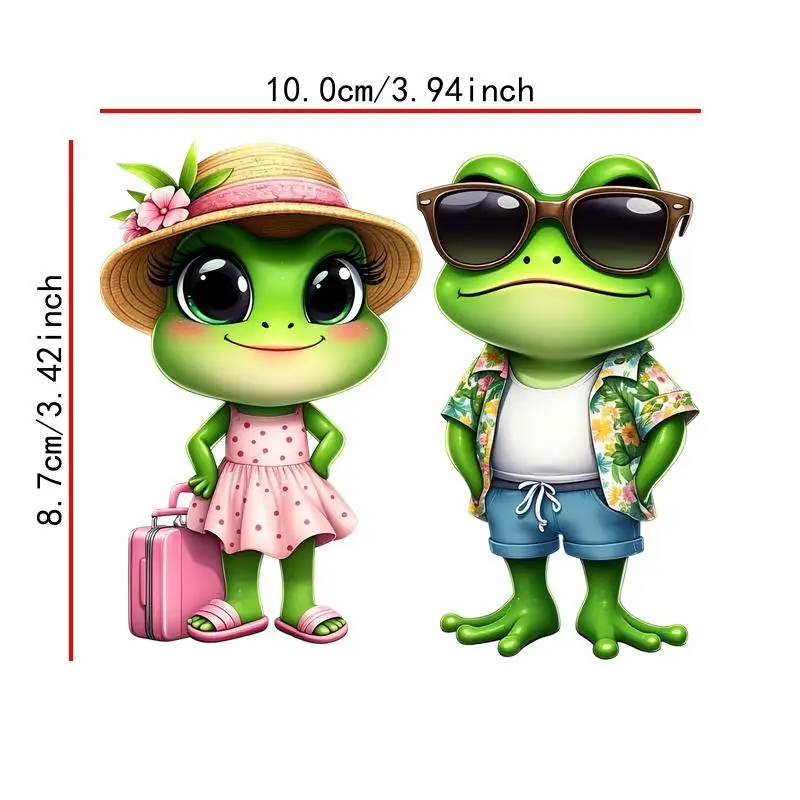 

2D flat stickers, cute frog characters in summer outfits with luggage and flowers - Perfect for decorating cars laptops and more