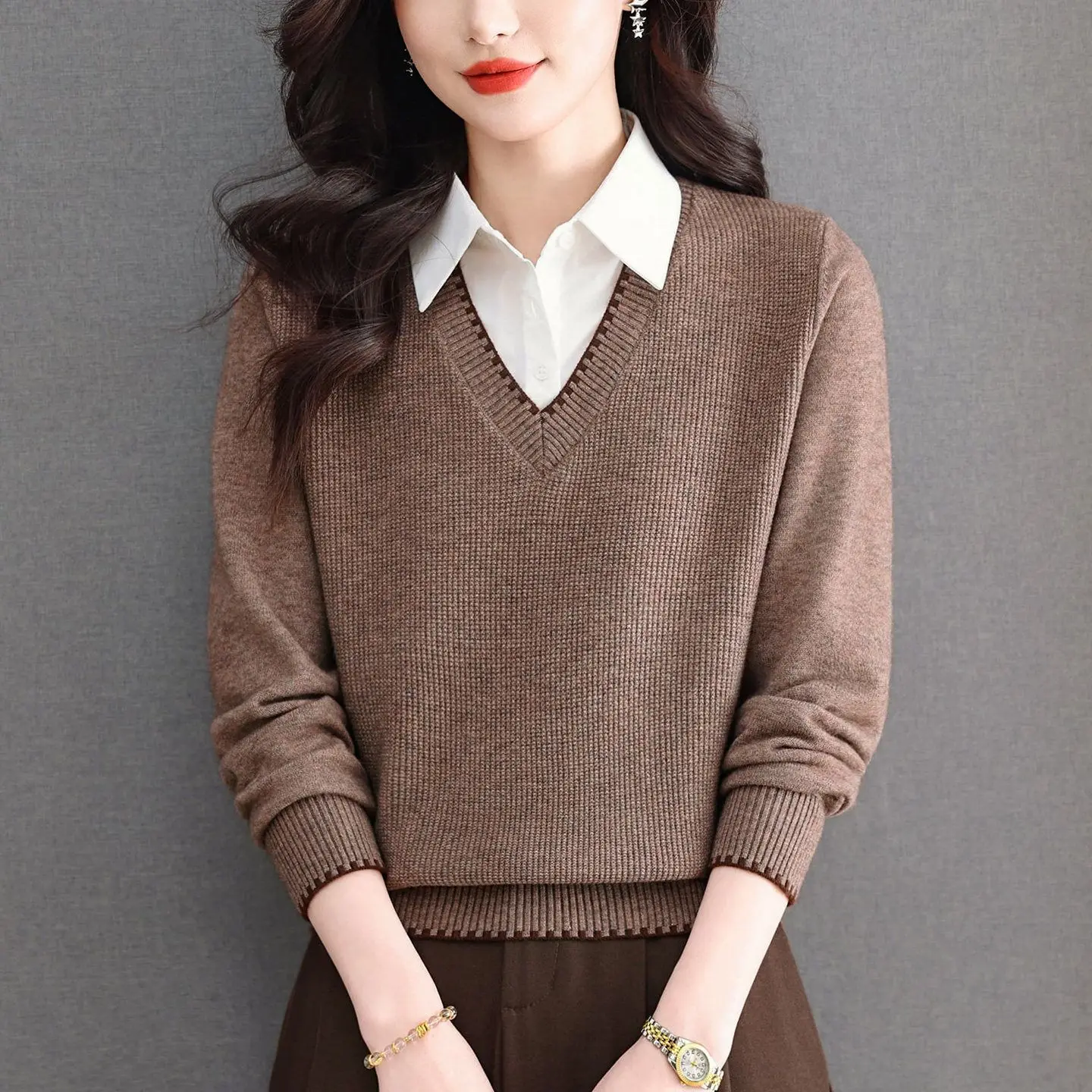 Women Sweater Pullover Patchwork Shirt Collar Fake Two-piece Knit Base Shirt Spring/autumn 2026New Long-sleeve Sweater Outerwear