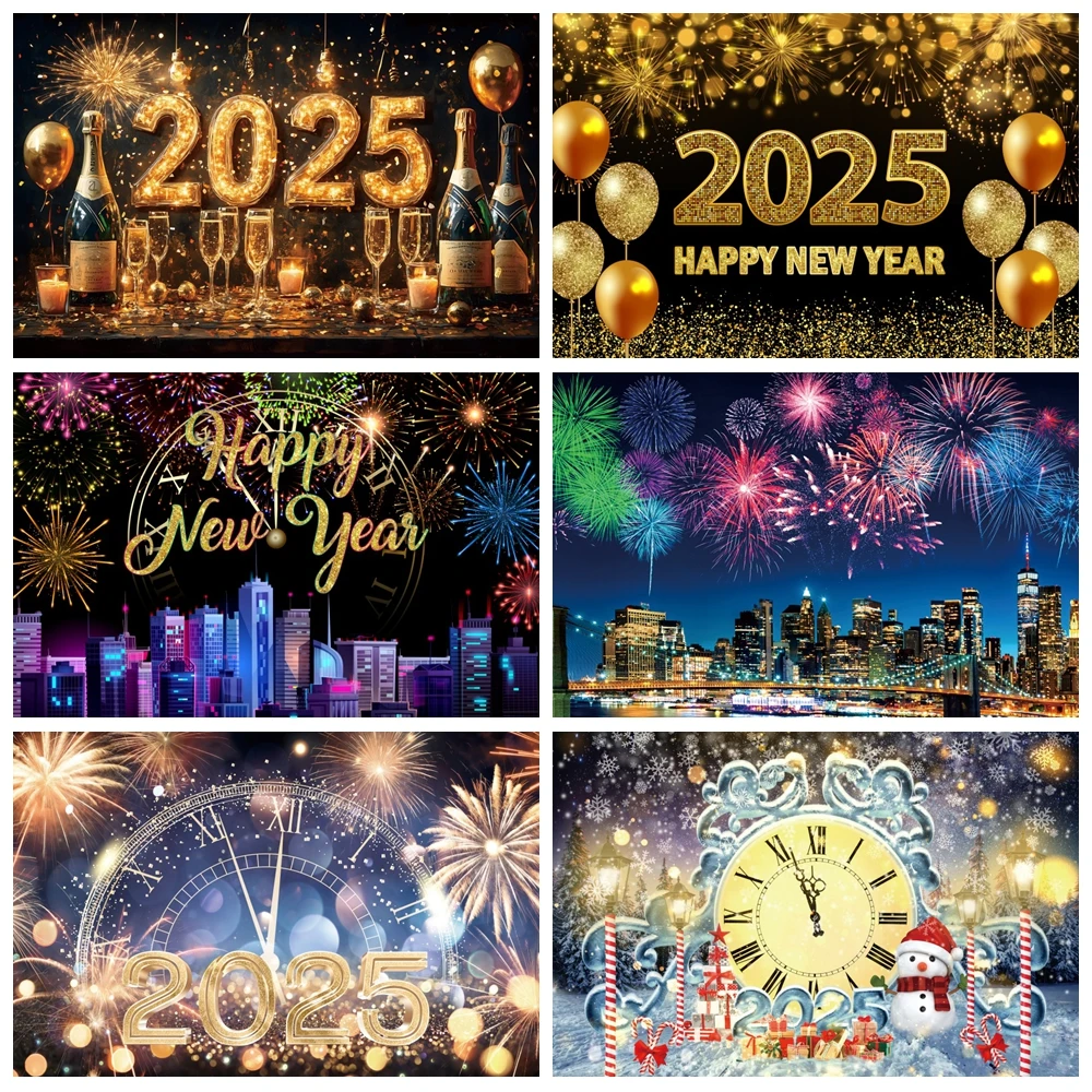 2025 Happy New Year Photography Backdrop New Year's Eve Party Balloon Firework Clock Champagne Christmas Family Photo Background