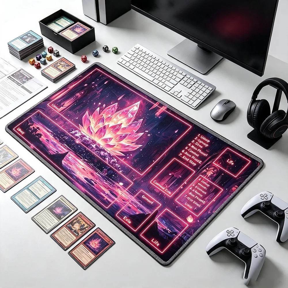 Pink Crystal Lotus Zoned Play Mat Durable Office Deskpad Party Gathering Card GameMat Non-slip Keyboard PC Game MousePad Cardmat