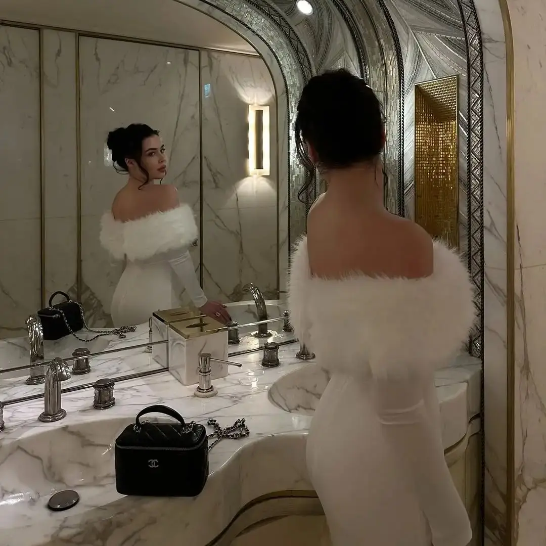 Ofherown Elegant Off Shoulder White Midi Evening Dress with Faux Fur Long Sleeve Bodycon Party Dress Women Luxury Cocktail Gowns