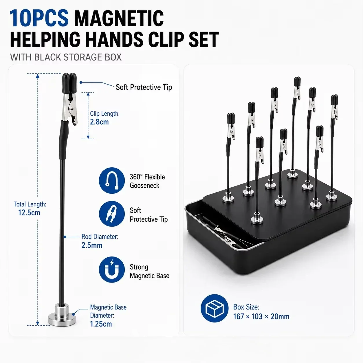 10PCS PCB Holder Magnetic Soldering Helping Hands with Alligator Clips Flexible ArmsStorage Box Repair DIY Tool for Electronics