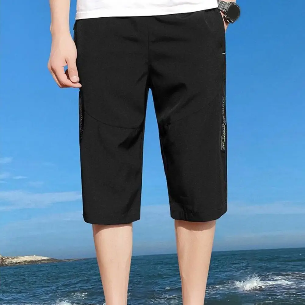 Summer Thin Ice Silk Shorts Men Cropped Pants Elastic Waist Loose Zipper Pockets Loose Fit Casual Pants Calf-length Trousers