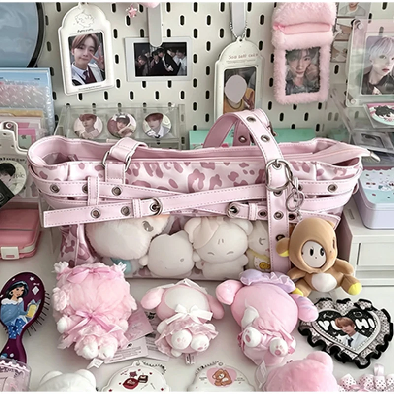 Polka Dot Ita-Tasche mit transparentem Sichtfenster, Damen Anime-Schultertasche, Lolita-Handtasche für Mädchen, Kawaii-Geldbörse mit Gürtelschnallendesign – Detail 7