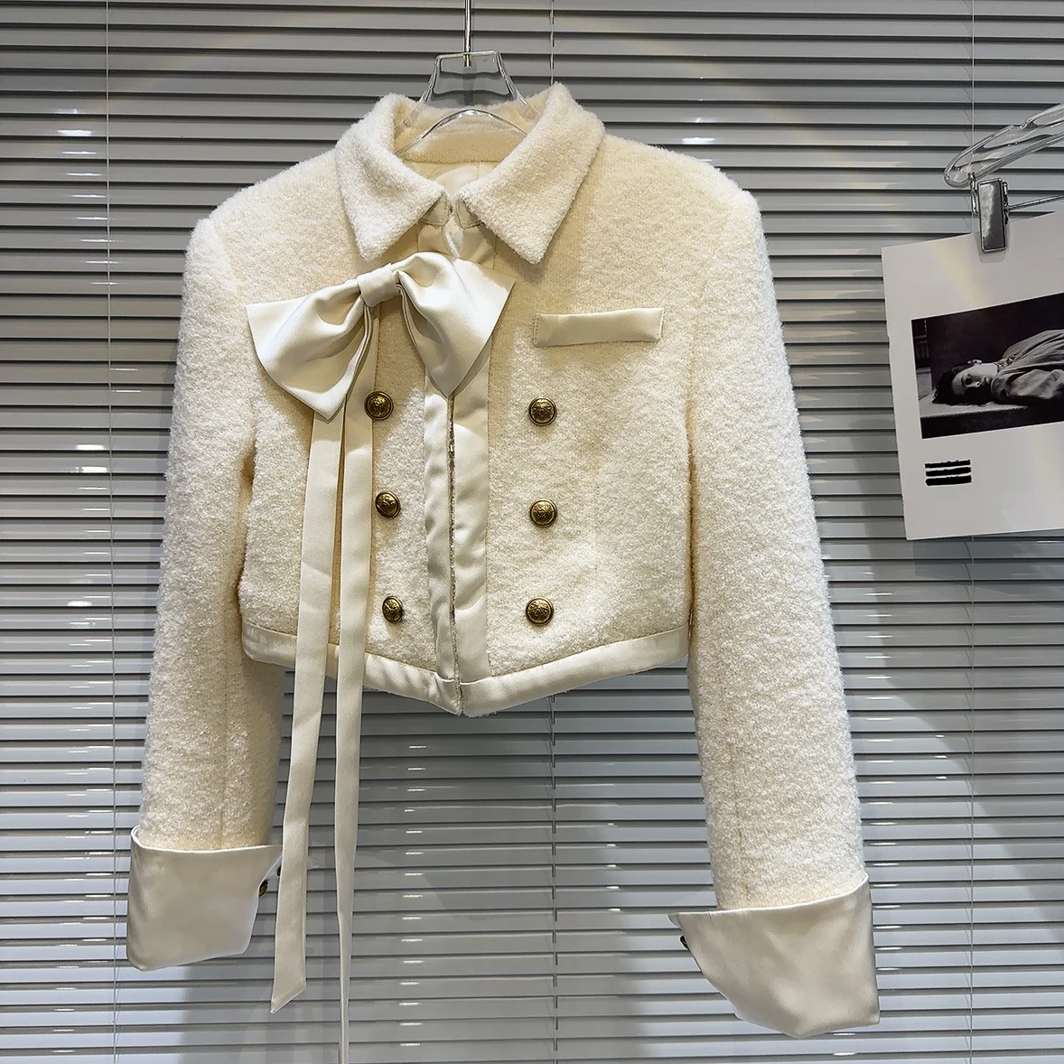 

Winter 2025 New Sle Small Fraance Faion Lady Knot Pin Tie Woolen ort Jaet Top for Women Straight Cut Long...