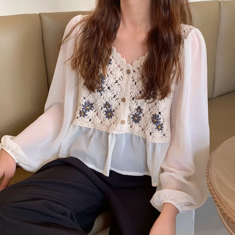 Hollow Crochet Long Sleeve Chiffon Blouse Top Women Elegant Short Style Sweet And Spicy All-Match Leisure Versatile Summer