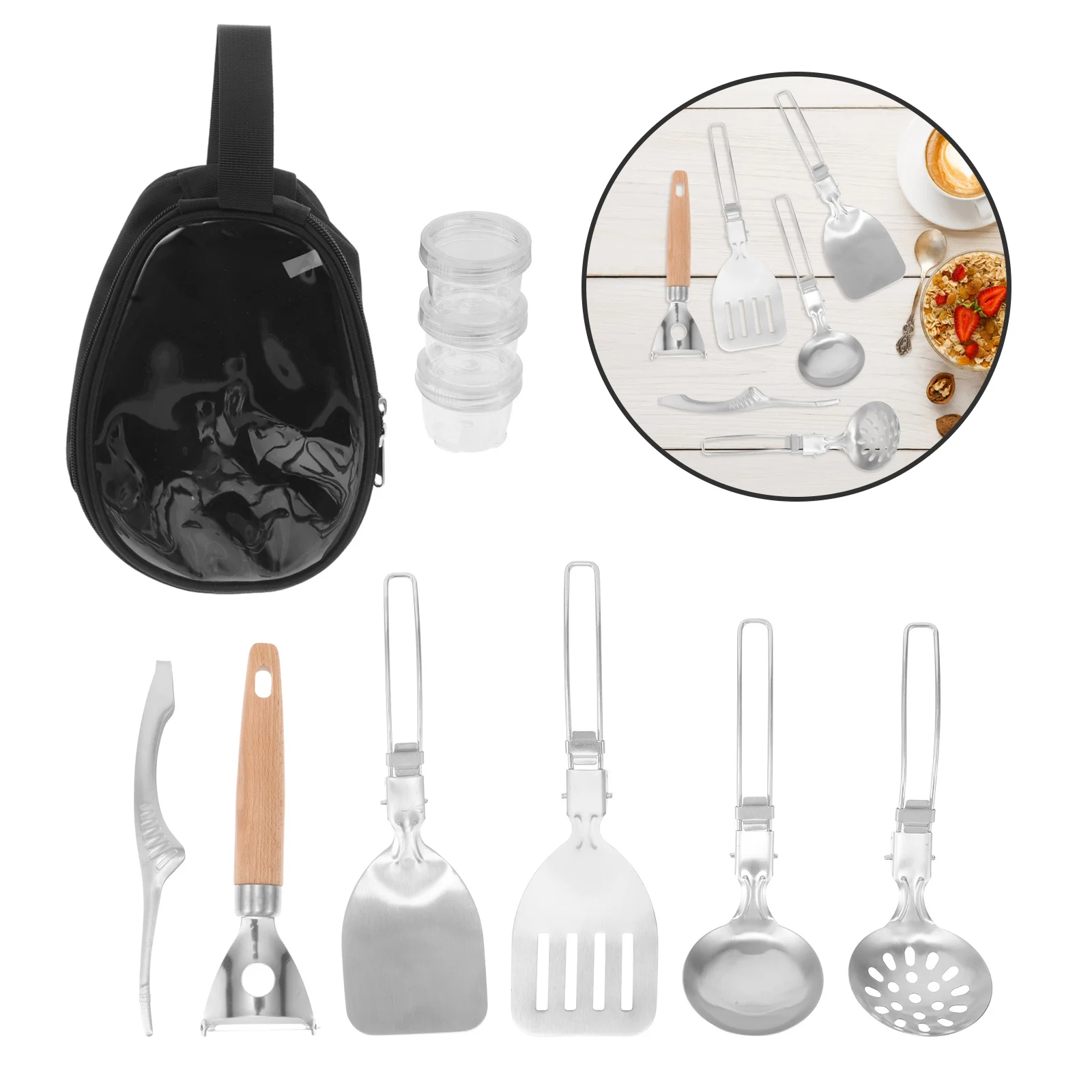 

1Set Portable Camping Kitchen Tool Stainless Steel Mess Kit Folding Spork Camping Cooking Utensils Travel Kitchen Tool Outdoor