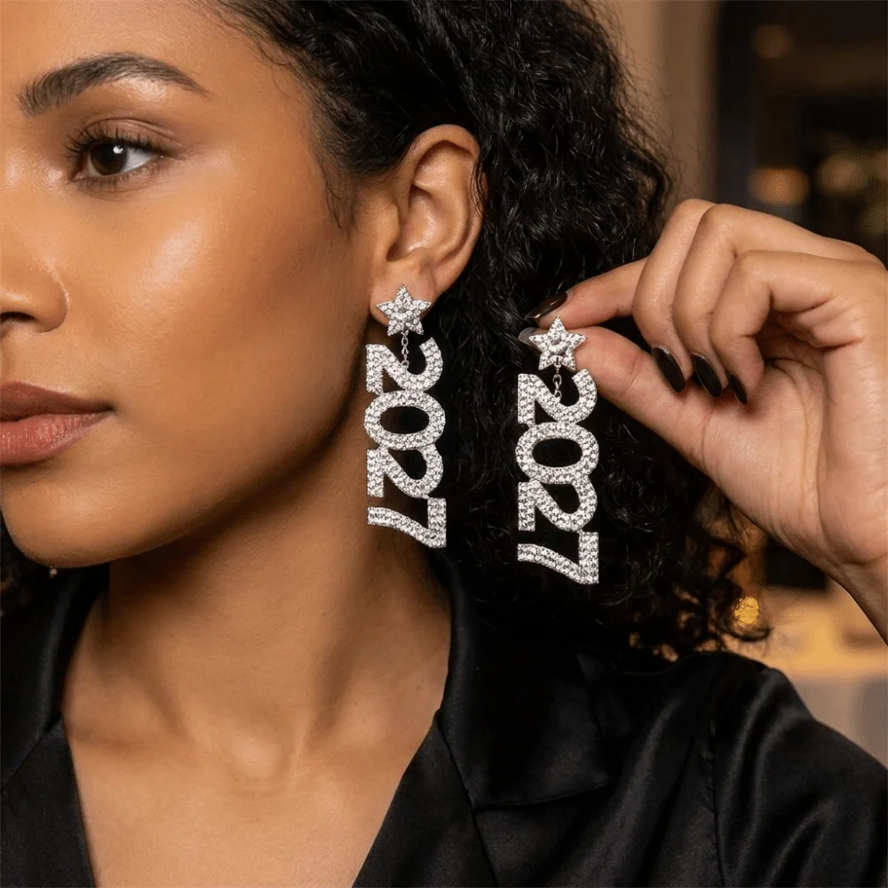 Luxury Elegant 2027 Digital Earrings Fashion Long Drop New Year Earrings Shiny Rhinestone Long Drop Earring Celebration Holiday