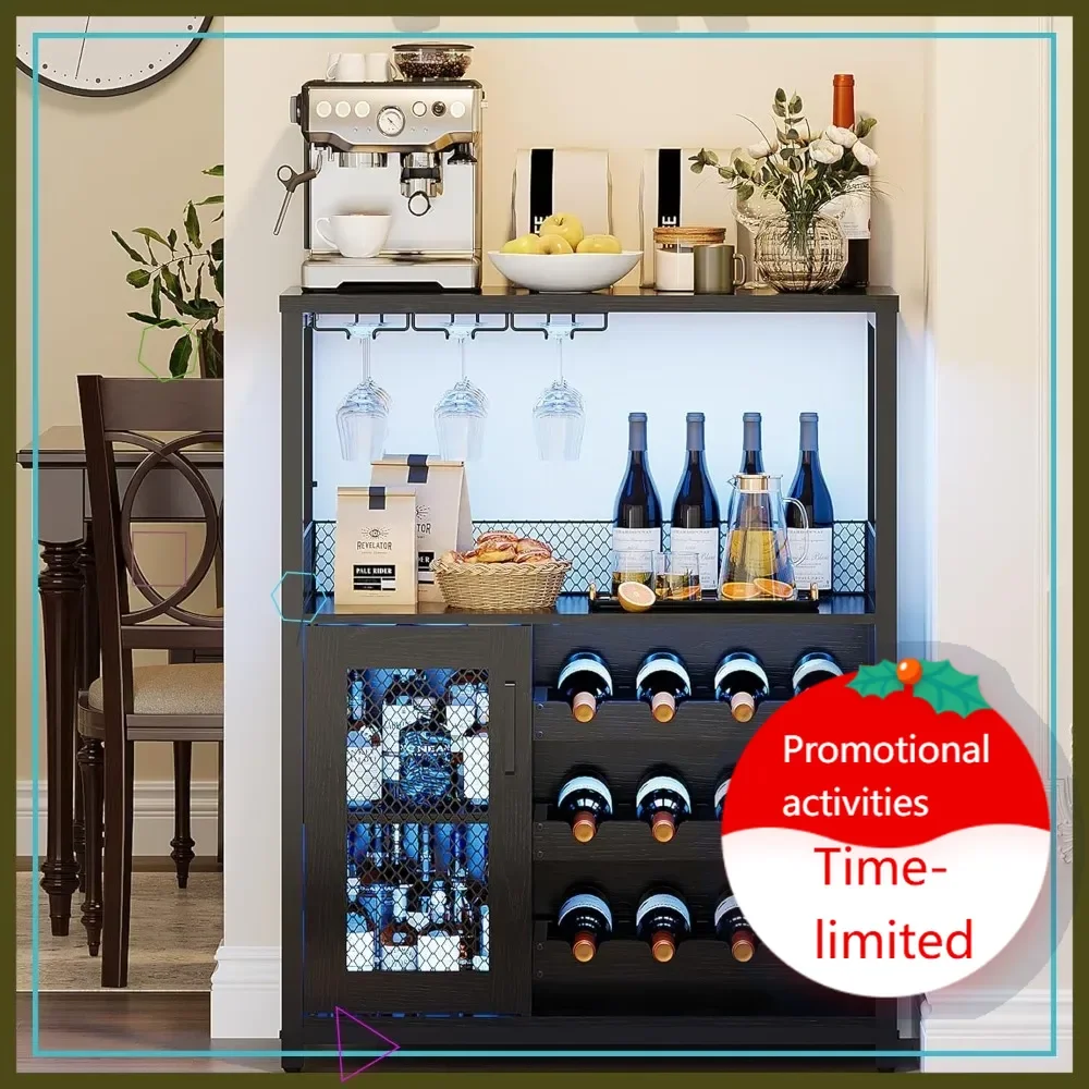 

Hot sales3-Tier LED Wine Bar Cabinet with Storage, Glass Holder & Mesh Door for Living Room, Dining Room, Black