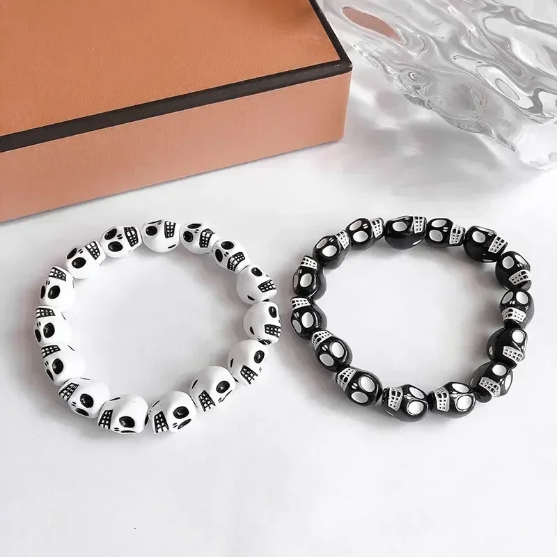 Punk Goth Skull Skeleton Bracelets for Women Men Hip Hop Elastic Beaded Bracelets Bangles Handmade Halloween Jewelry