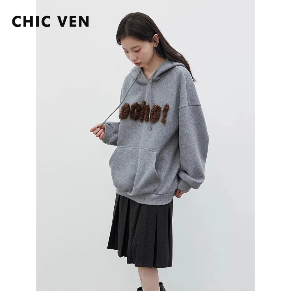 CHIC VEN Fashion Women Sweatshirts Loose Casual New Plush Letter Sticker Hooded Long Sleeved Warm Female Coat Autumn Winter 2025