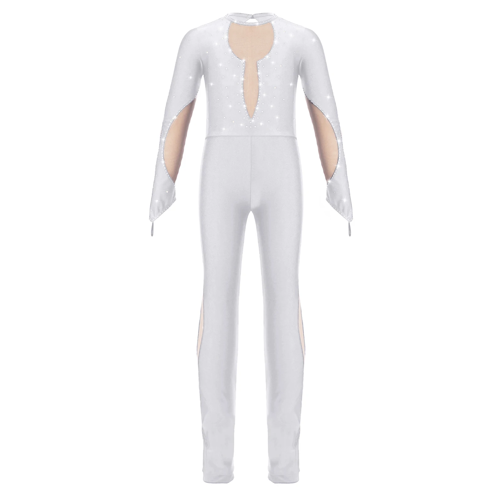 Child Girls Long Sleeve Sheer Mesh Figure Skating Jumpsuit Ballet Dance Gymnastics Acrobatics Yoga Leotard Performance Bodysuit