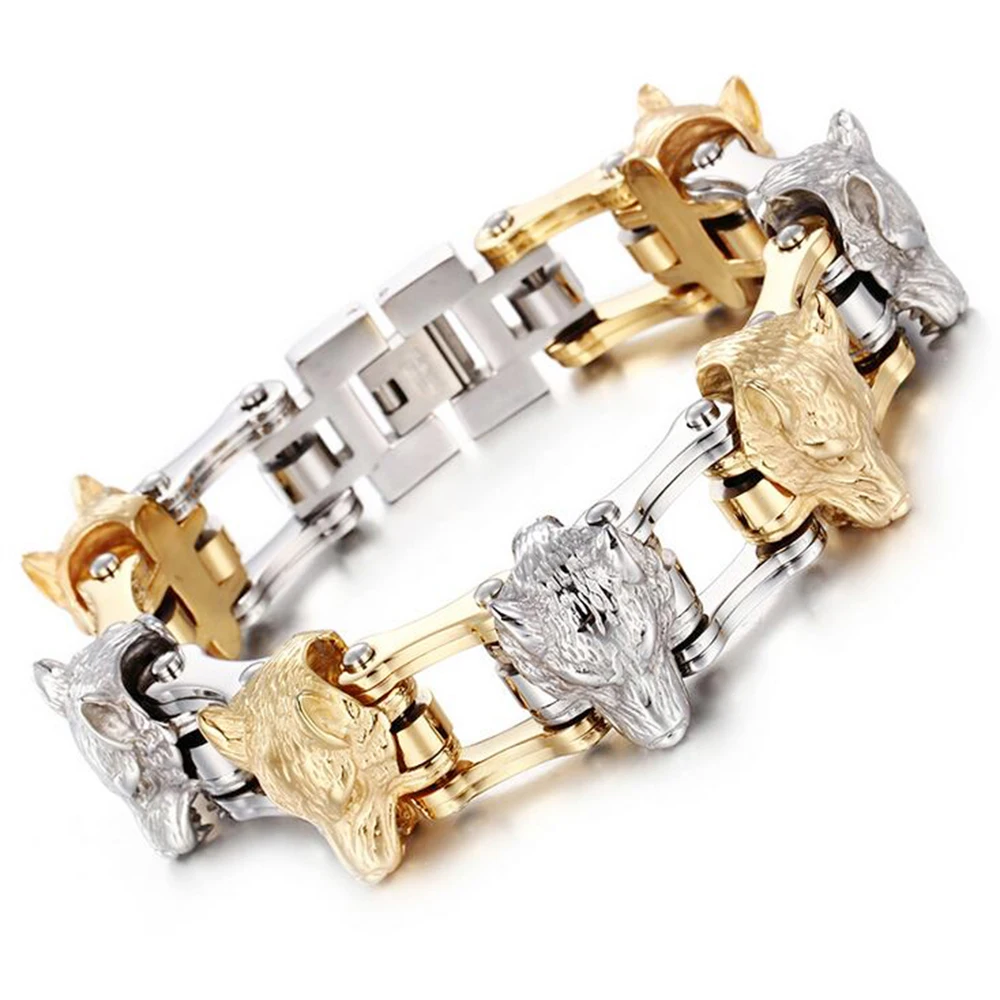 21mm Punk Gold Color Viking Wolf Bracelet Men Hiphop Black Stainless Steel Bicycle Bike Biker Chain Lion Head Bracelets Jewelry image 6