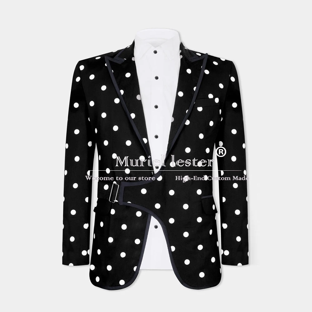 

Male Fashion Business Suits Men Black With White Polka Dotted Jacket Pants 2 Piece Set Groom Tuxedos Bespoke Terno Masculino