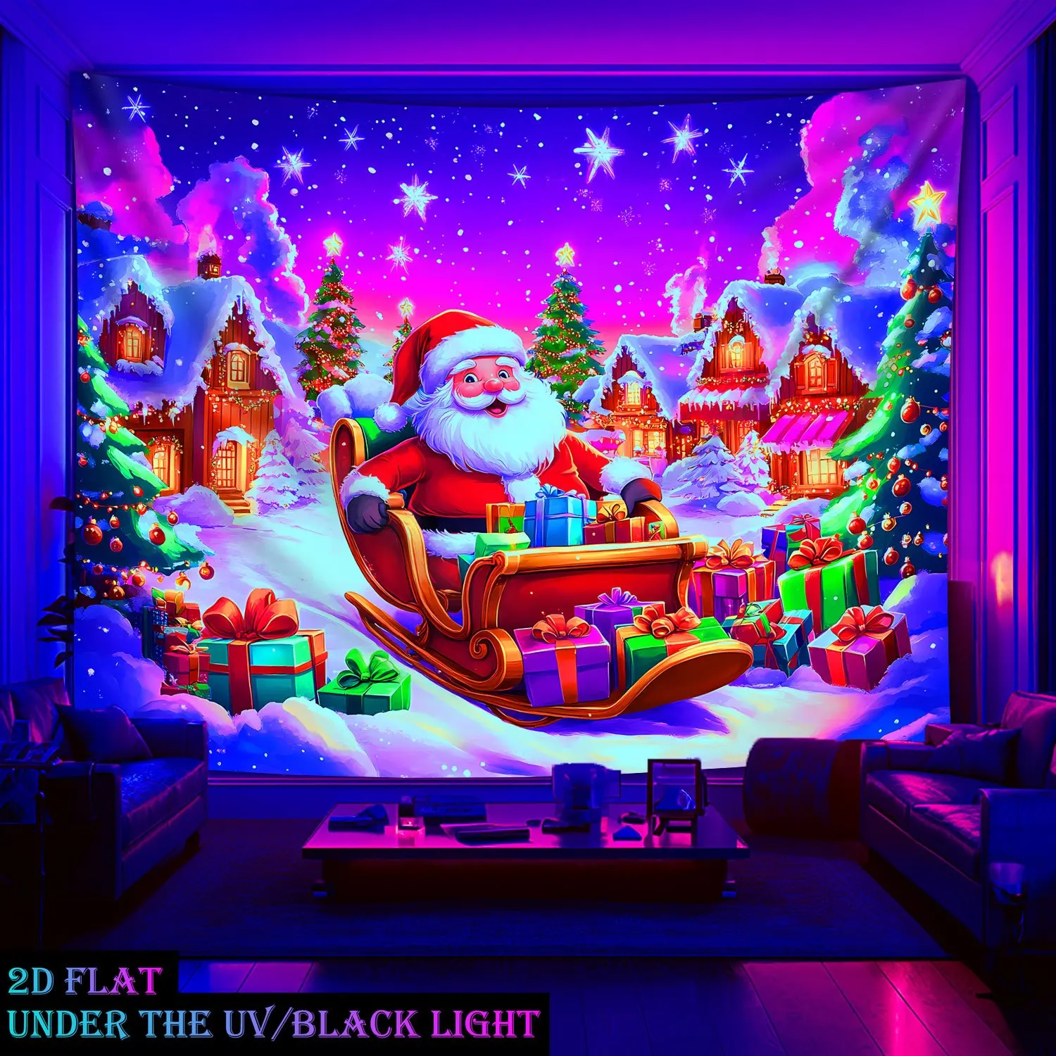 2D Flat, 1pc Glow-in-the-Dark UV Black Light Reactive Tapestry - Extra Large Fluorescent Santa Claus & Winter Wonderland Wall Ha