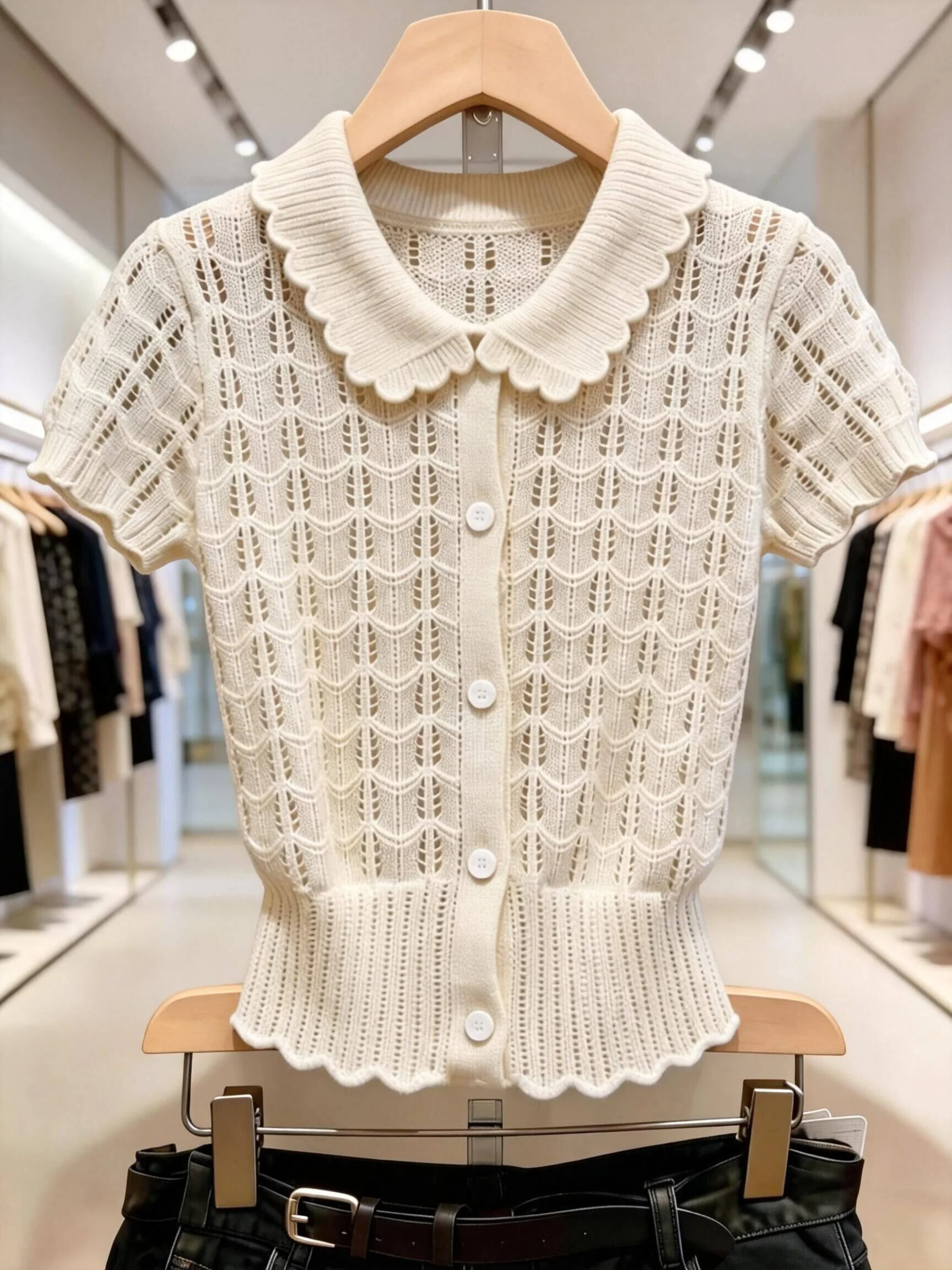 

French Style Unique Doll Neck Cardigan Sweater for Women, Designed Slim Fit Shoulder Hollow Out Top for Summer Hot Girls