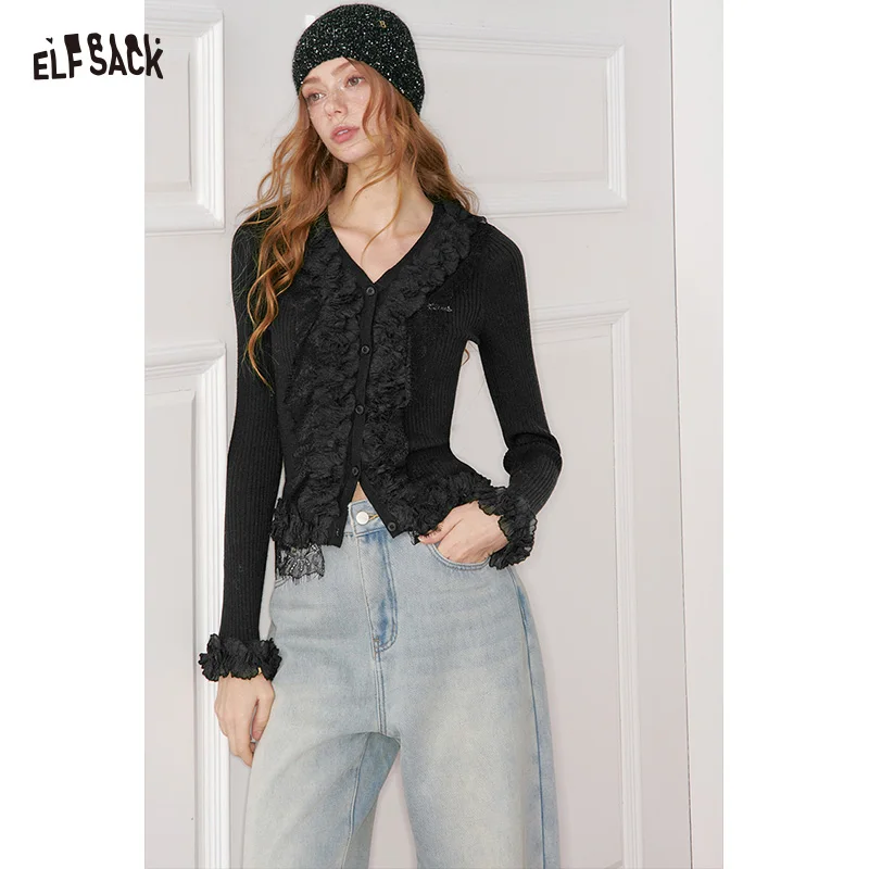 

ELFSACK женский кардиган с кружевной отделкой и v-образным вырезом, зима 2025 года, облегающий трикотаж с вышивкой букв, офисный повседневный шикарный топ с длинными рукавами
