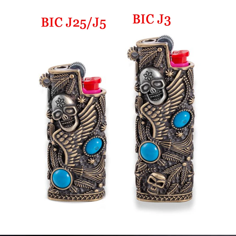 Metal Brass Snakeskin Skull Agate DecorationExplosion-Proof Gas Lighter Cover Box For BICJ25 J5 J3