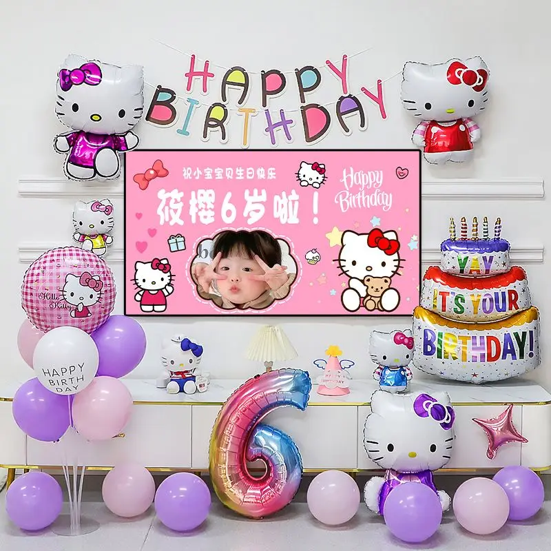 Hellokittys Theme Party Decoration Set, Balão de Feliz Aniversário, Suprimentos Divertidos, Decoração Colorida Kt Cat, Presente para Meninas e Crianças