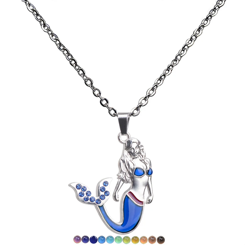 Fashion Crystal Mermaid Temperature Changing Color Mood Necklace Vintage Halloween  Stainless Steel Jewelry Necklaces for Women