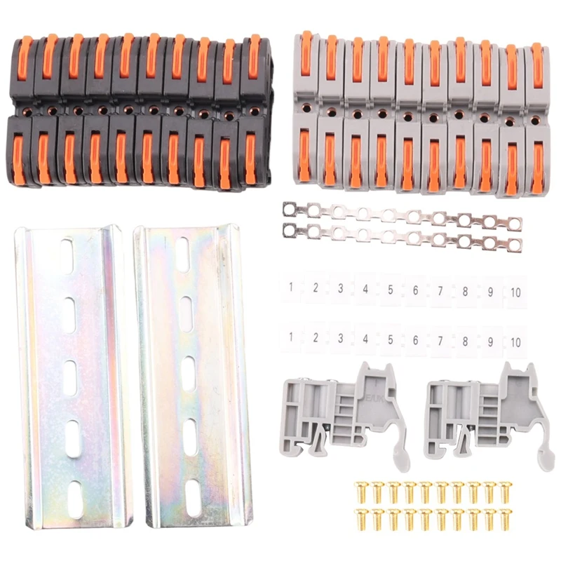 

DIN Rail Terminal Blocks Kit, With Universal Compact Connectors, Connection Bar, Marker Strip, Screws, 28-12 AWG