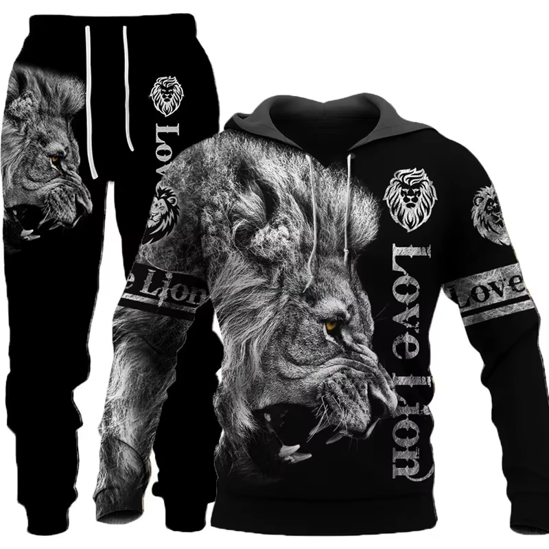 Men's Hoodie Sets Animal Lion 3d Print Sweatshirt Men Women Fashion Hoodie+Pant 2 Piece Suits Casual Tracksuit Set Sports Jacket