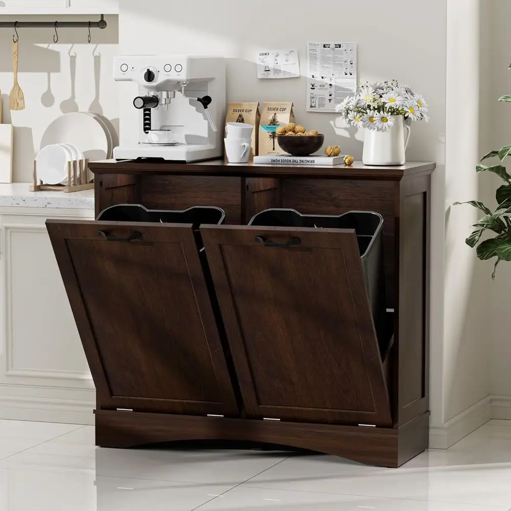 

Double Tilt Out Trash Can Cabinet, Hidden Trash Can Cabinet 2 x 10 Gallon, Wooden Laundry Hamper Cabinet, Dog Proof Garbage Can