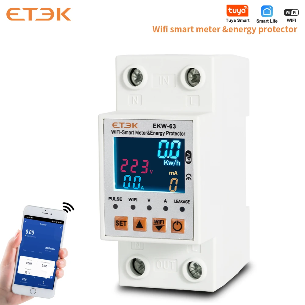 ETEK Wifi Smart Life Circuit Aardlek TUYA Over Onderspanningsbeveiliging Relaisapparaat Instelbare energie Vermogen kWH-meter